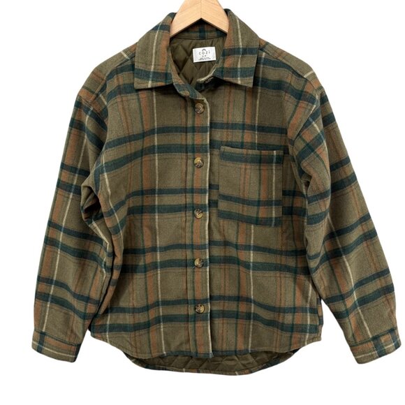 Cozi Jackets & Blazers - Cozi Scala Woven Shacket Womens Brown Plaid Lined Long Sleeve Jacket Size S